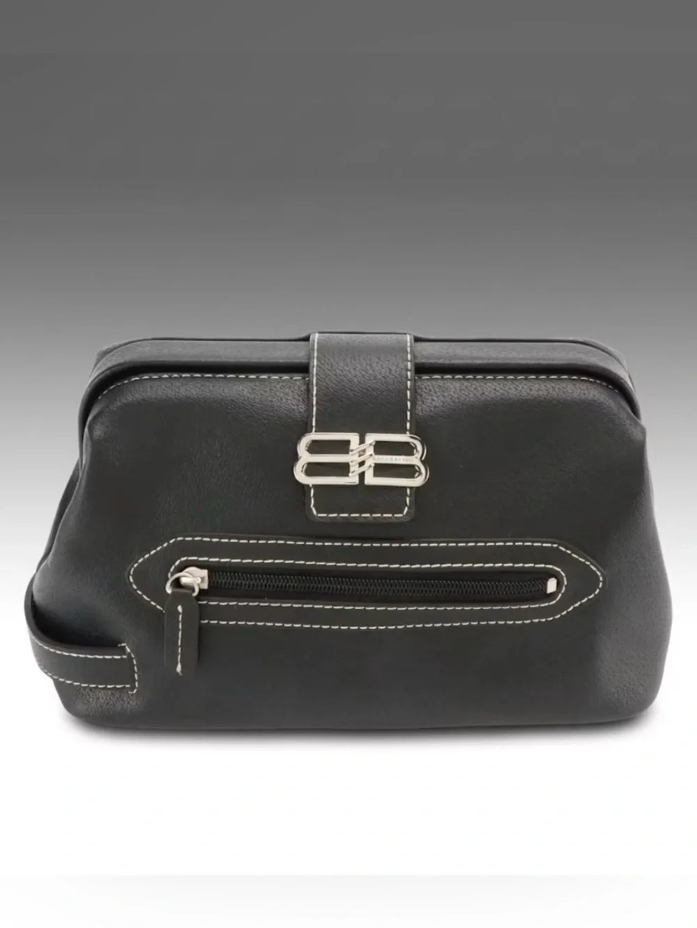 Balenciaga Black Leather BB Doctor Bag Clutch with Contrast Stitching